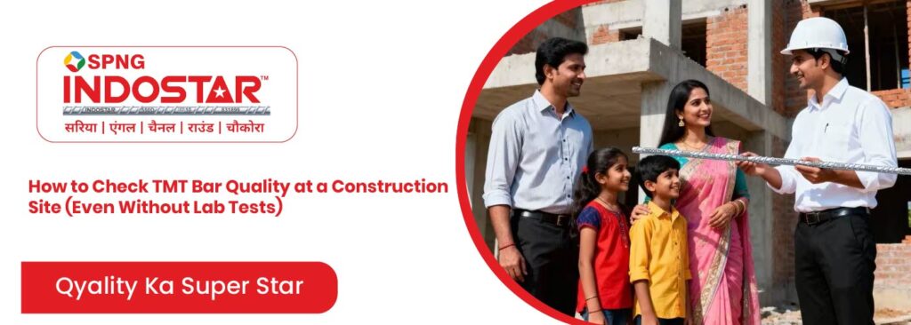 Engineer checking TMT bar quality at a construction site